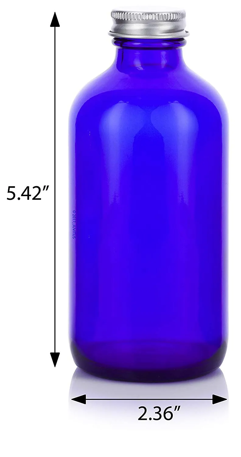 8 oz Cobalt Blue Glass Boston Round Bottle with Silver Metal Screw Cap (6 Pack)