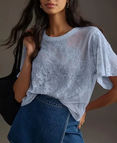 Aimiray Women's Sexy Mesh Tops Short Sleeve Round Neck Lace 3D Printed Floral Sheer Blouse See Through Layering Shirt Tops(Blue-S)