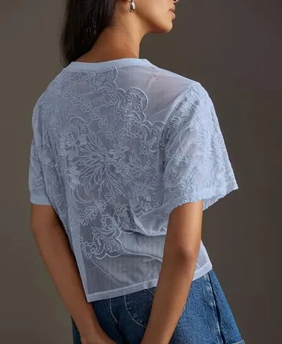 Aimiray Women's Sexy Mesh Tops Short Sleeve Round Neck Lace 3D Printed Floral Sheer Blouse See Through Layering Shirt Tops(Blue-S)