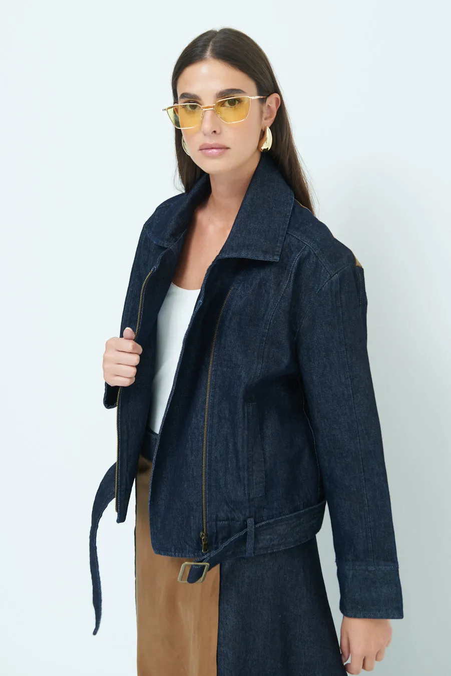 Asymmetric zip denim jacket wholesale