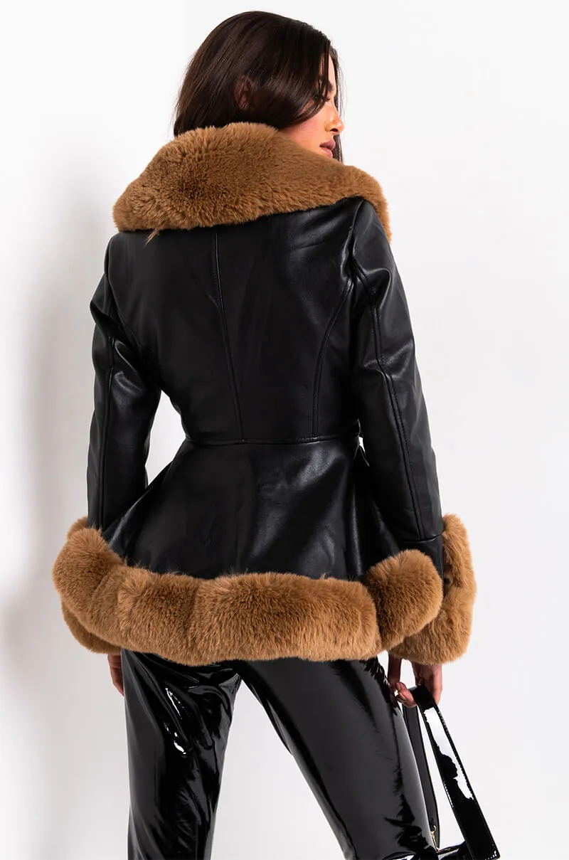 AZALEA WANG FAUX FUR TRIM PEPLUM MOTO BLACK BROWN