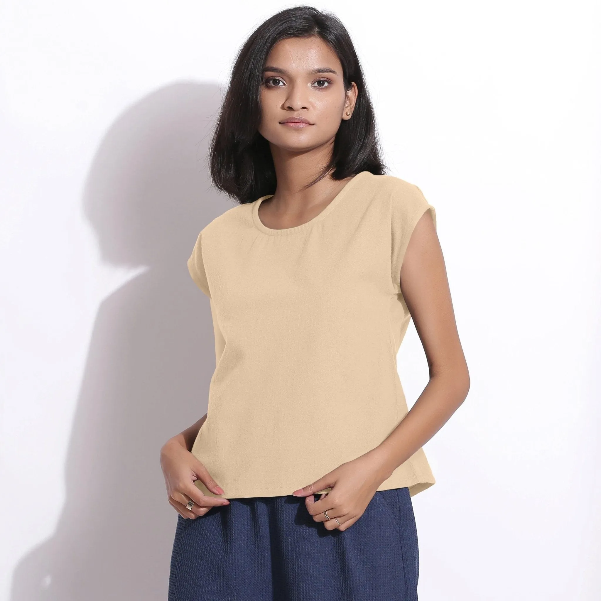 Beige Warm Cotton Flannel Essential Round Neck Top