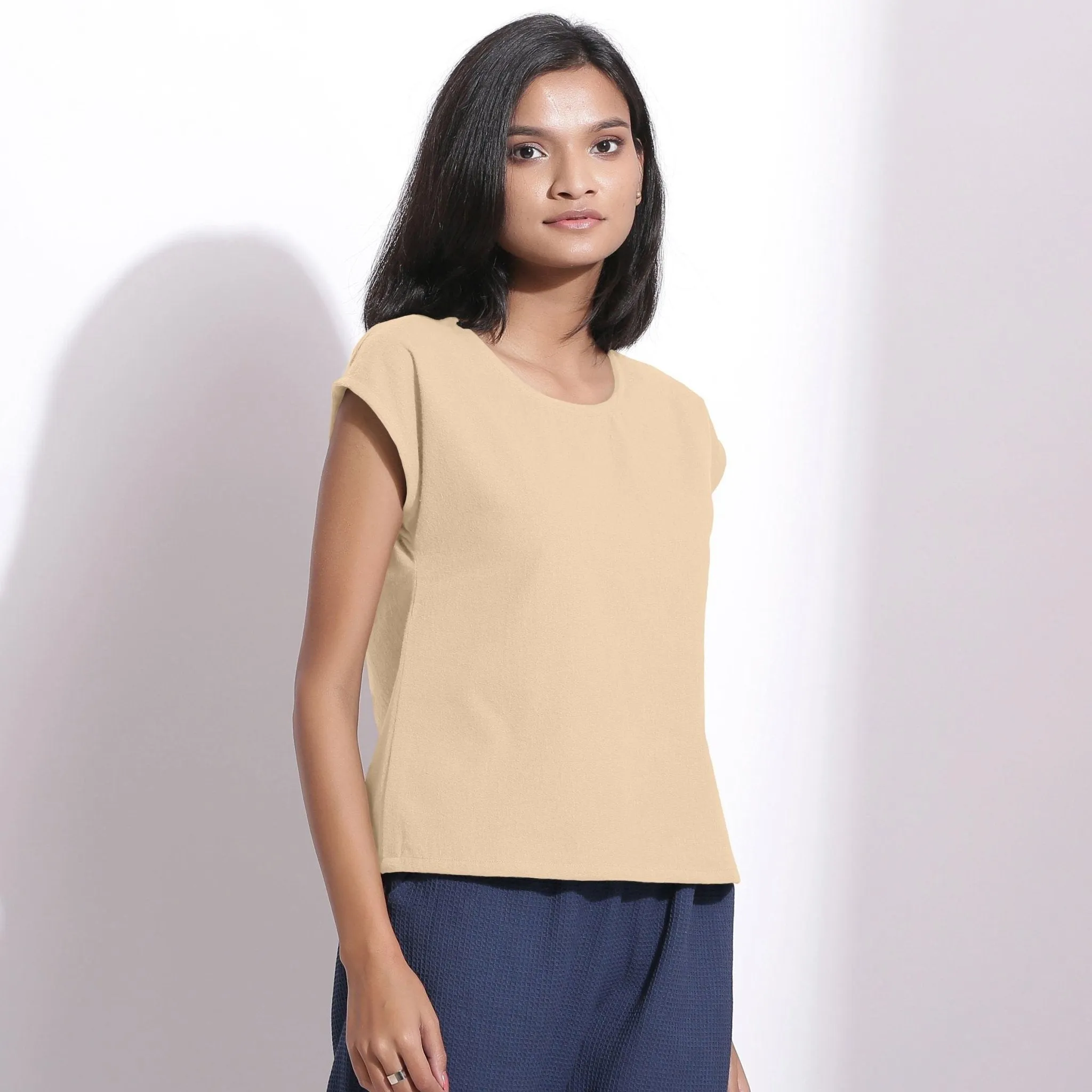 Beige Warm Cotton Flannel Essential Round Neck Top