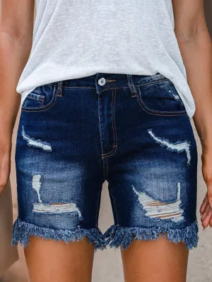 Blue Distressed High Waist Skinny Denim Shorts with Raw Hem