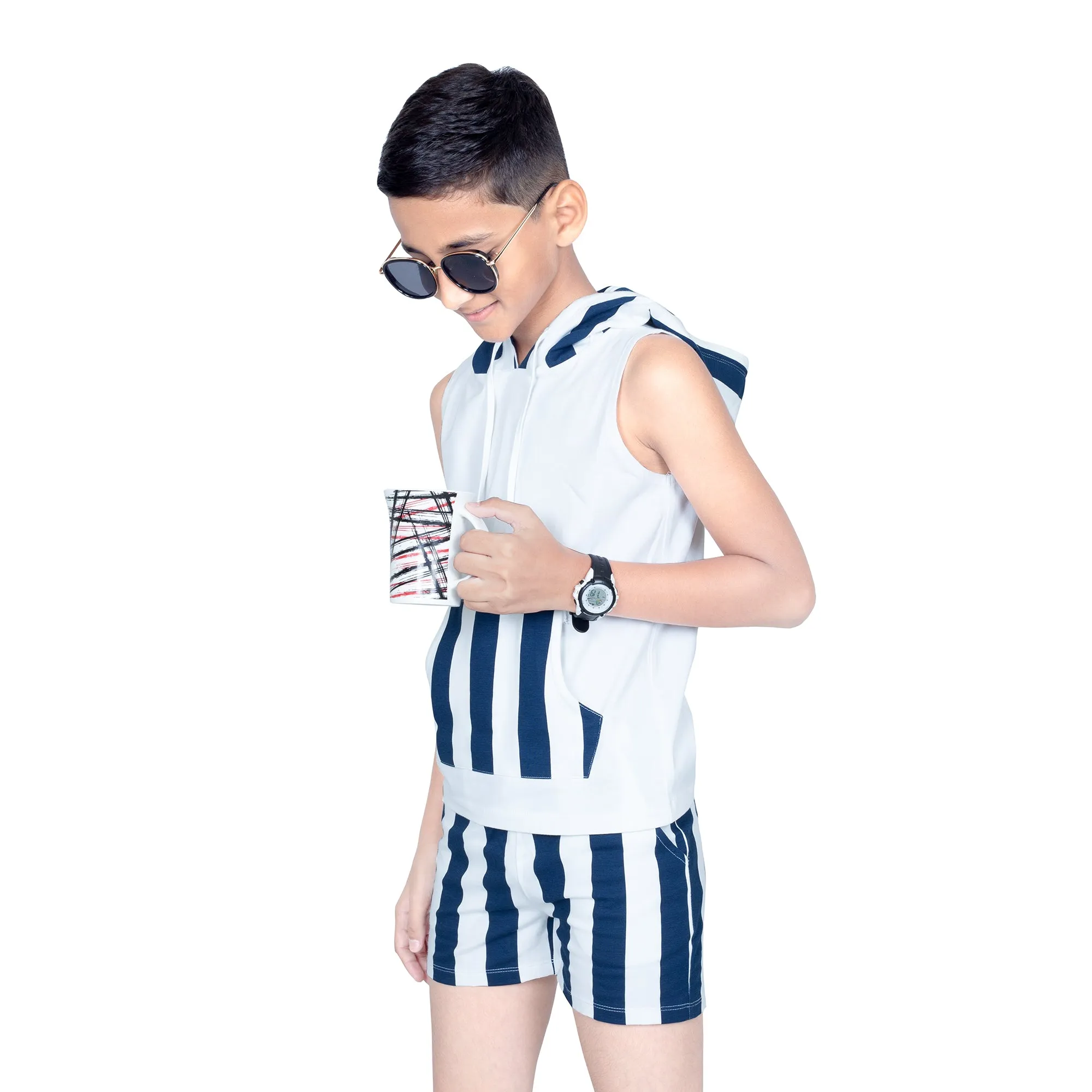 Boys Navy White Summer Hoodie & Shorts Set