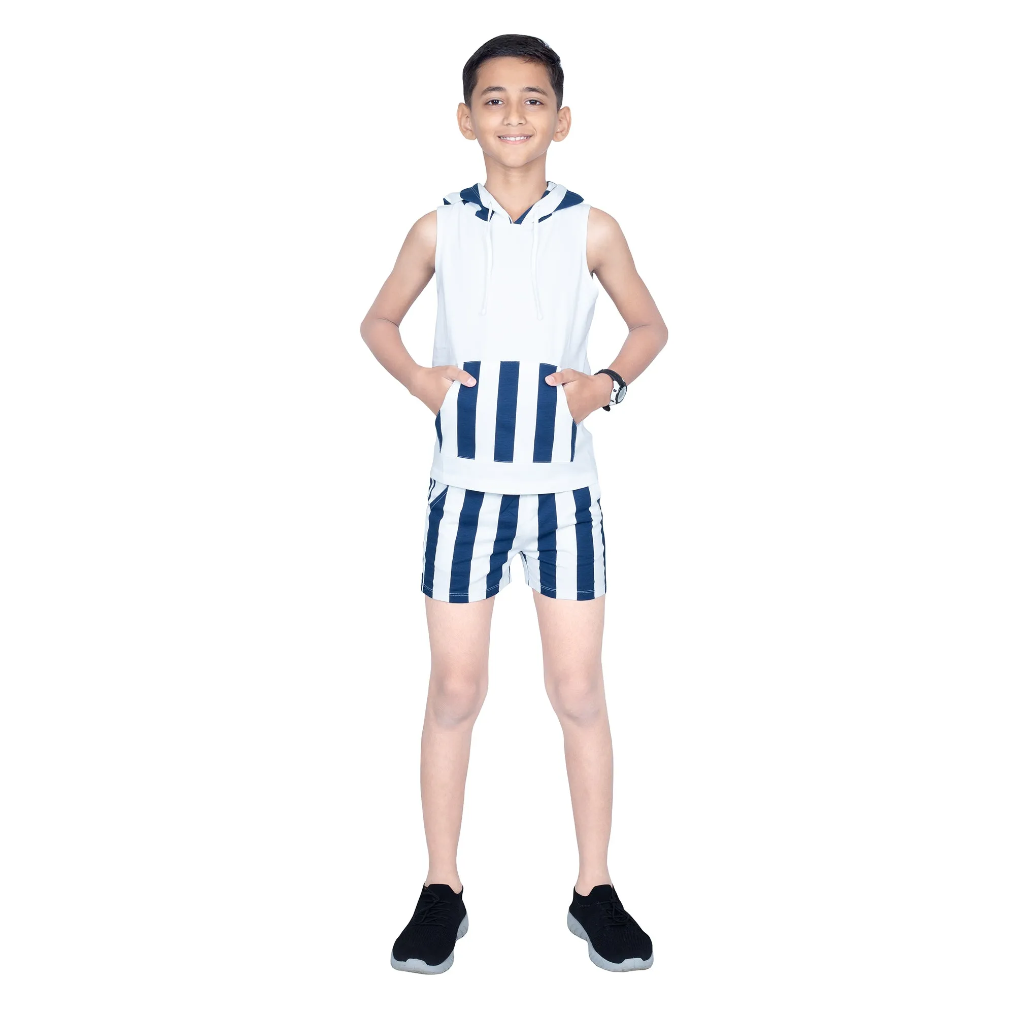 Boys Navy White Summer Hoodie & Shorts Set