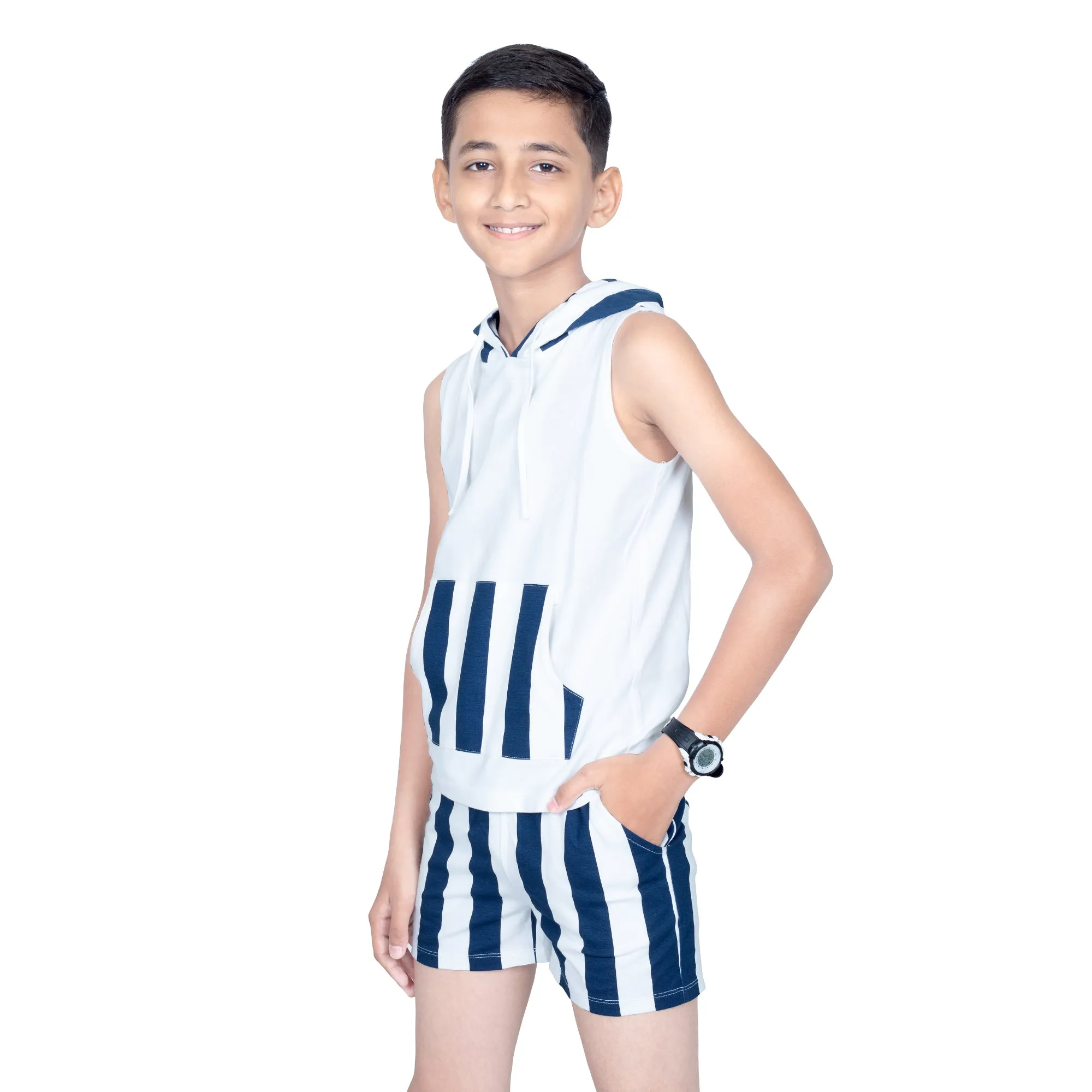 Boys Navy White Summer Hoodie & Shorts Set