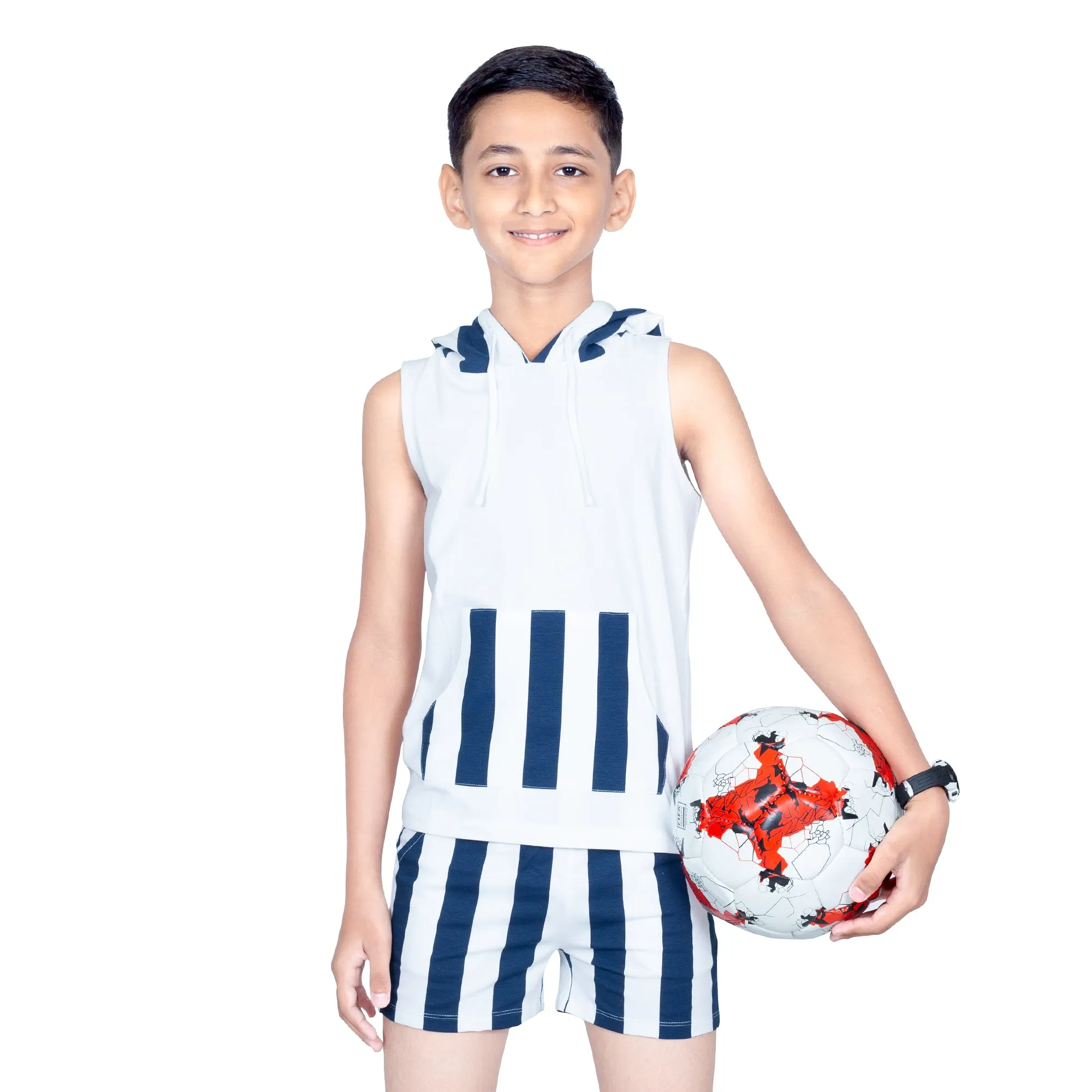 Boys Navy White Summer Hoodie & Shorts Set