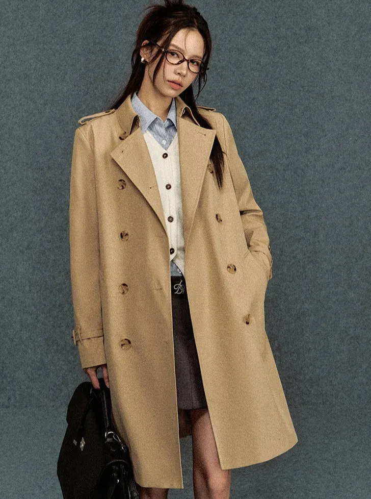 Classic Double-Breasted Trench Coat: Elegant Belted Outerwear for Women