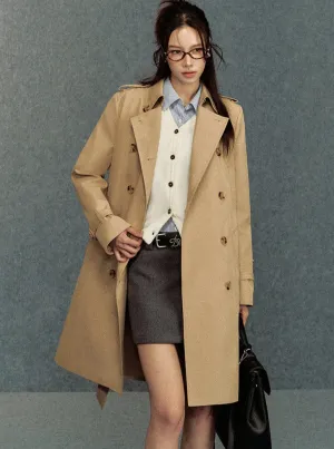 Classic Double-Breasted Trench Coat: Elegant Belted Outerwear for Women