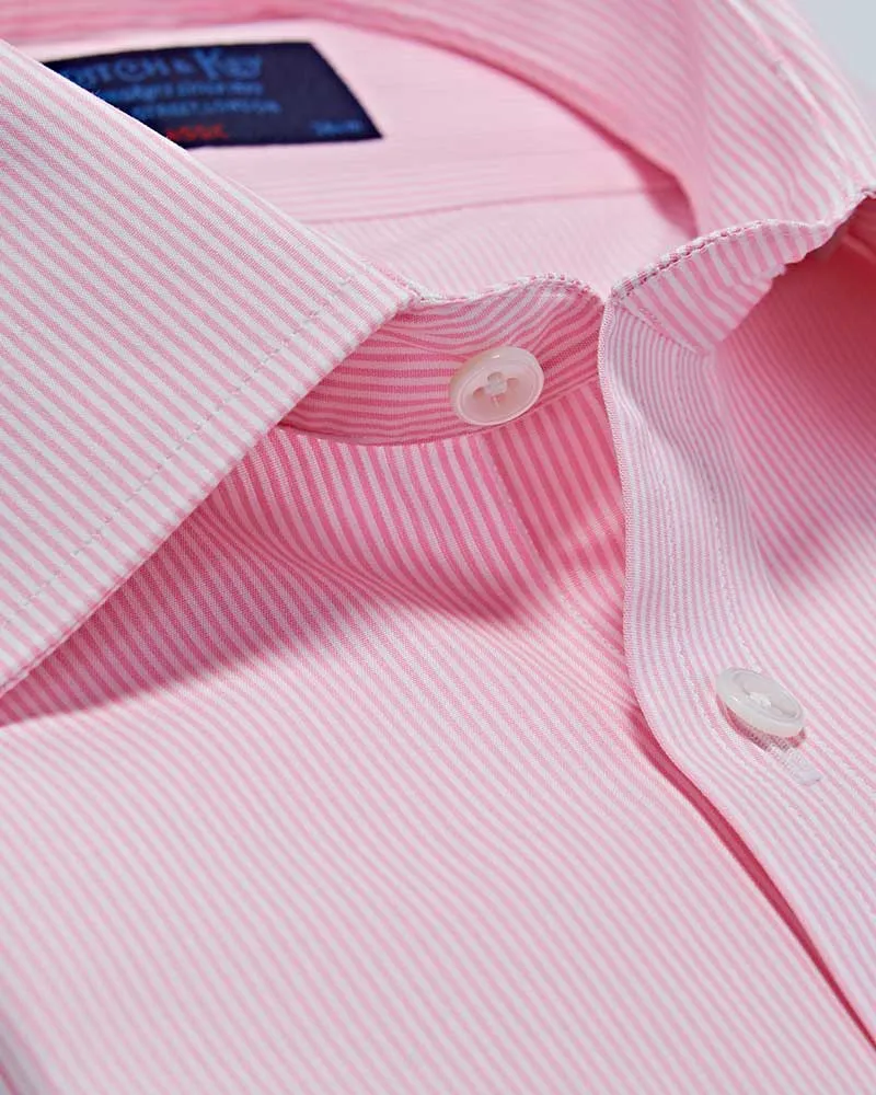 Classic Fit Pink Bengal Stripe Cotton Poplin Shirt with Classic Collar & Two Button Cuff