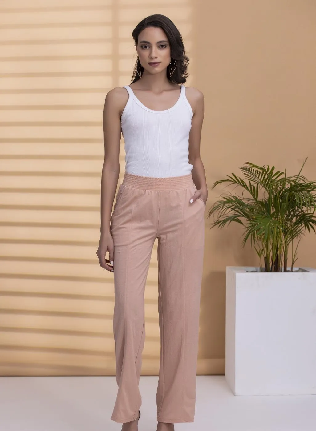 Esha Peach Modal Linen Relaxed Fit Pants for Women