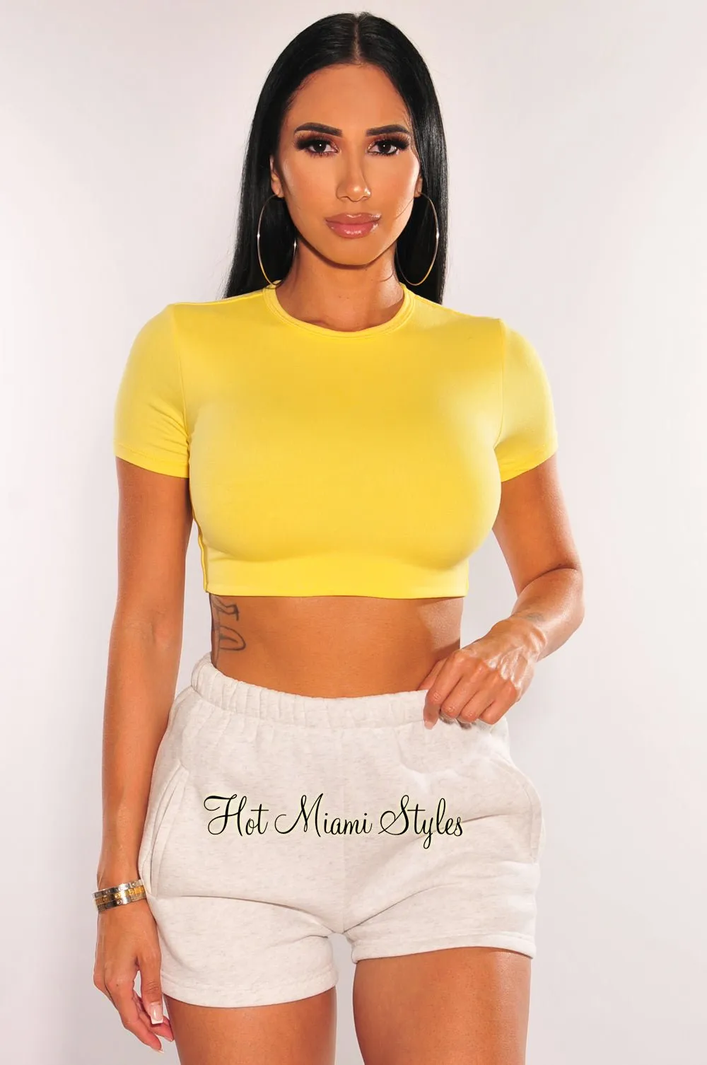 HMS Essential: Yellow Round Neck Short Sleeves Crop Top