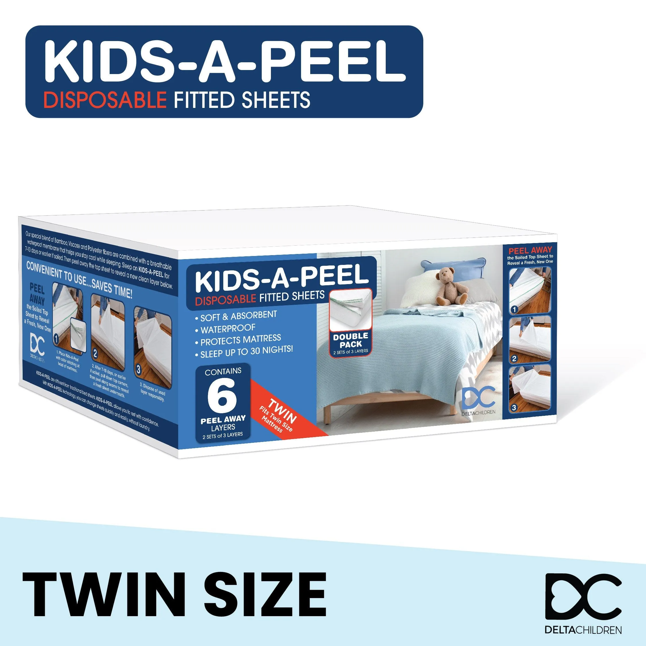 Kids-A-Peel Disposable Fitted Sheets, 6-Pack, Waterproof, Breathable Soft Bed Pads that Protect Your Mattress