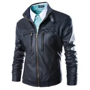 Men Collar Neck Solid Elegant Leather Jacket    C4396ZWJK