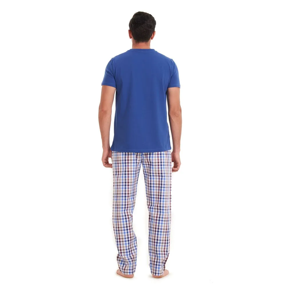 Men summer pajama set Indigo T-shirt   Brown × blue checkered pants