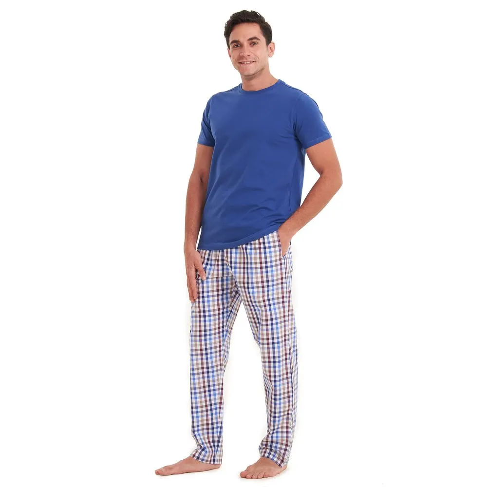 Men summer pajama set Indigo T-shirt   Brown × blue checkered pants