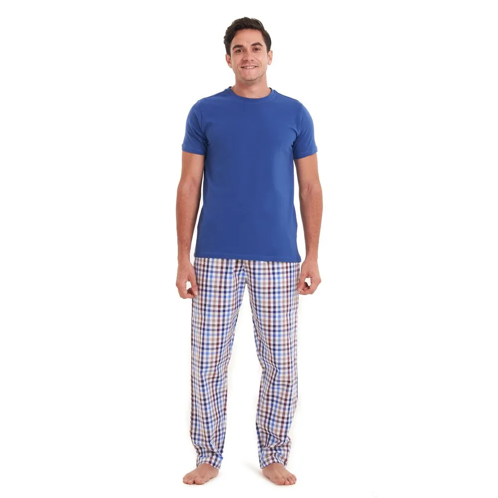 Men summer pajama set Indigo T-shirt   Brown × blue checkered pants