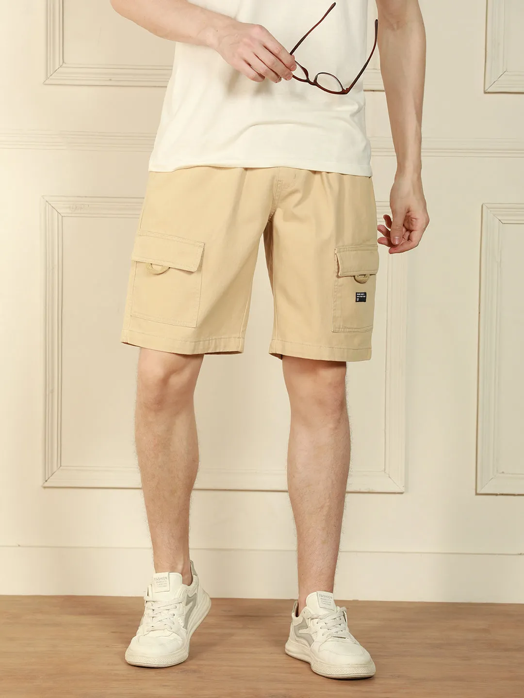 Men's Light Khaki Relaxed Fit Solid Cotton Shorts