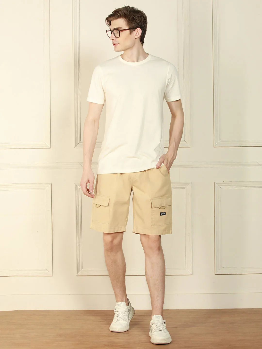 Men's Light Khaki Relaxed Fit Solid Cotton Shorts