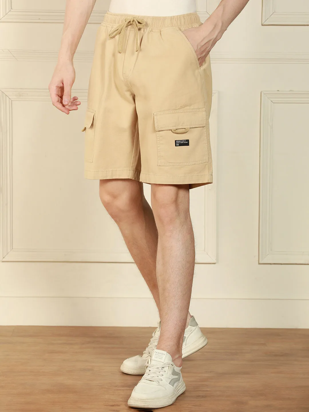 Men's Light Khaki Relaxed Fit Solid Cotton Shorts