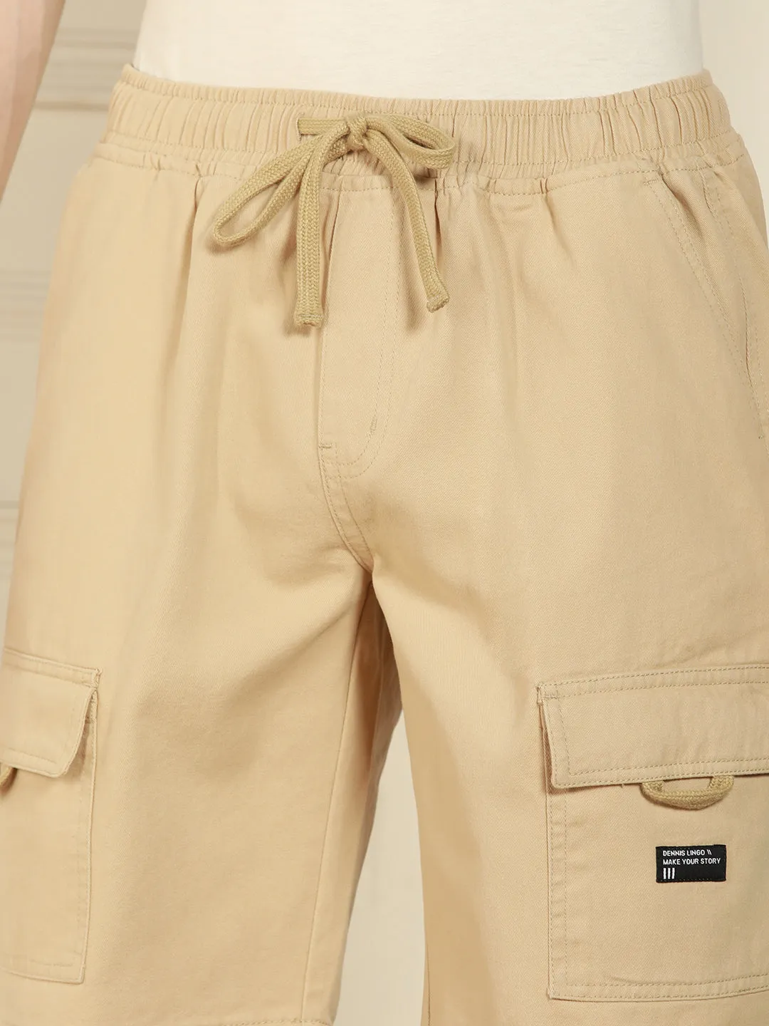 Men's Light Khaki Relaxed Fit Solid Cotton Shorts