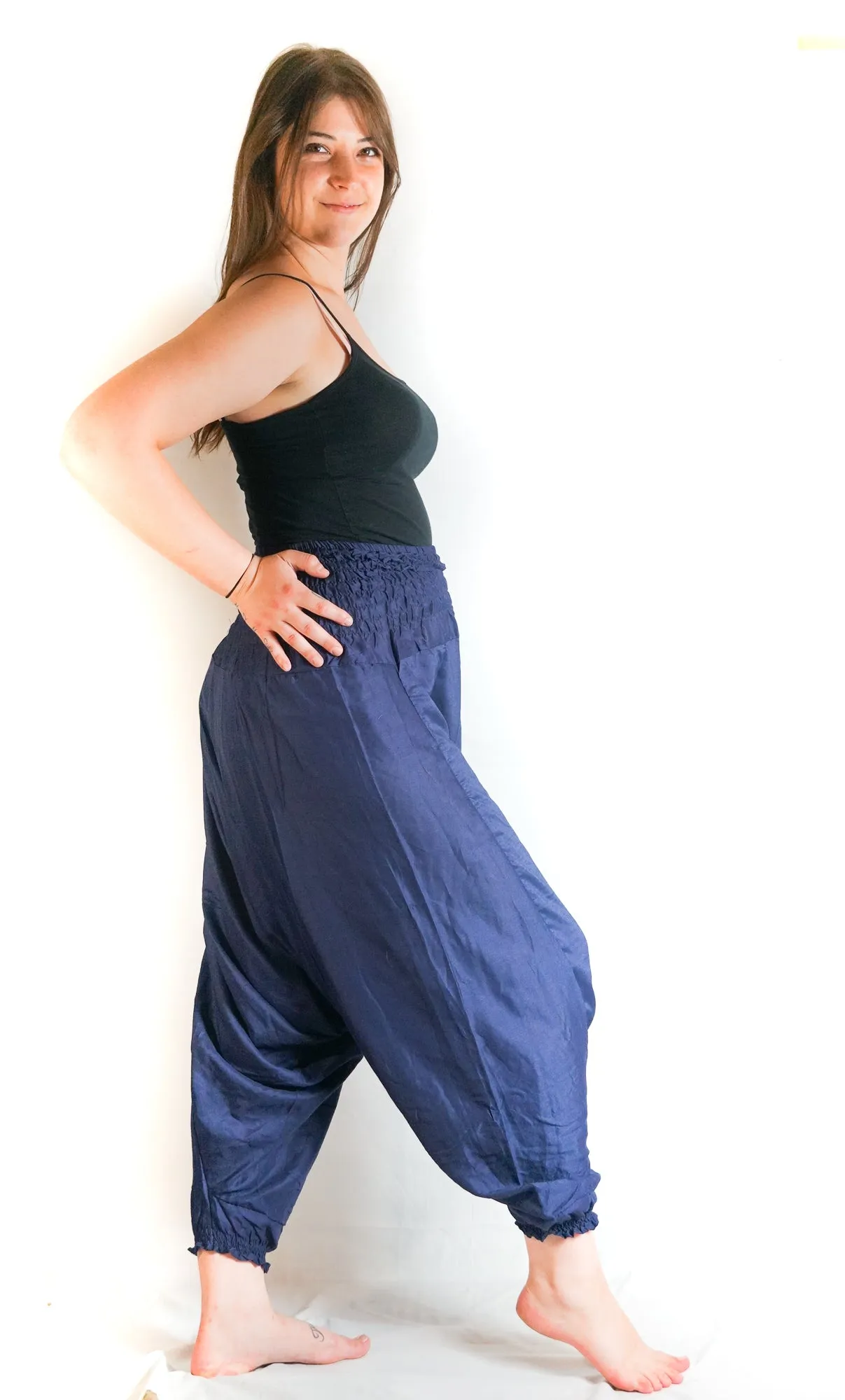 Solid Dark Blue Low Cut Harem Pants