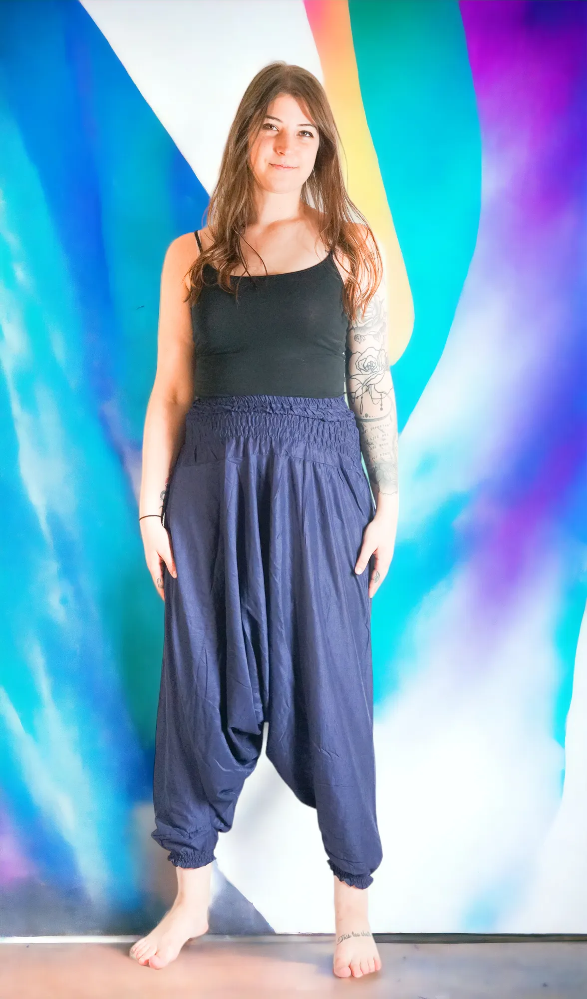 Solid Dark Blue Low Cut Harem Pants