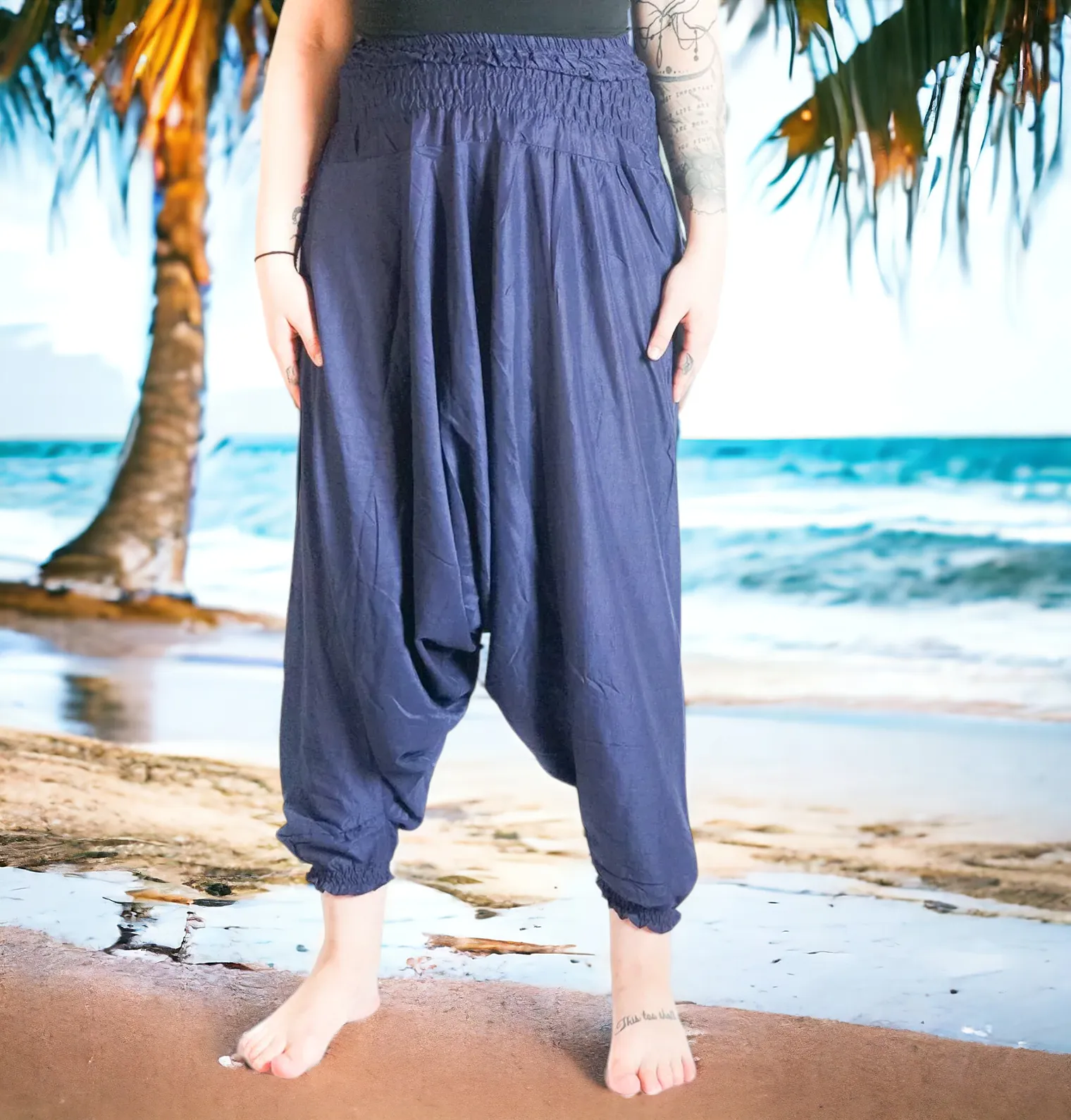 Solid Dark Blue Low Cut Harem Pants