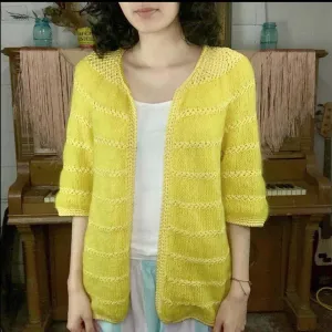 Vintage 50s 60s | Pure Wool & Mohair Yellow Fuzzy Cardigan | L